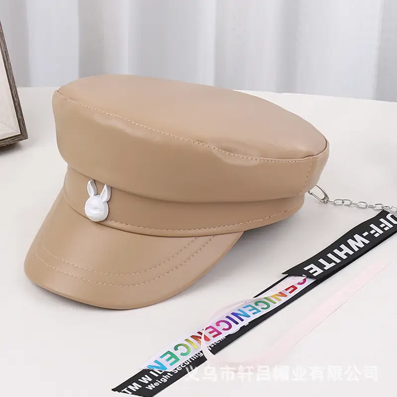 Korean New British Style Retro PU Leather Duck Tongue Newspaper Boy Cap Big Head Girth Fashionable Face Small Beret Flat Cap - Image 2