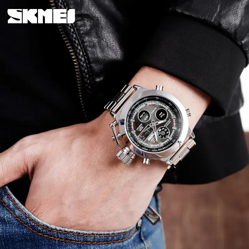 SKMEI Men's Stainless Steel Chronograph Watch with Dual Display