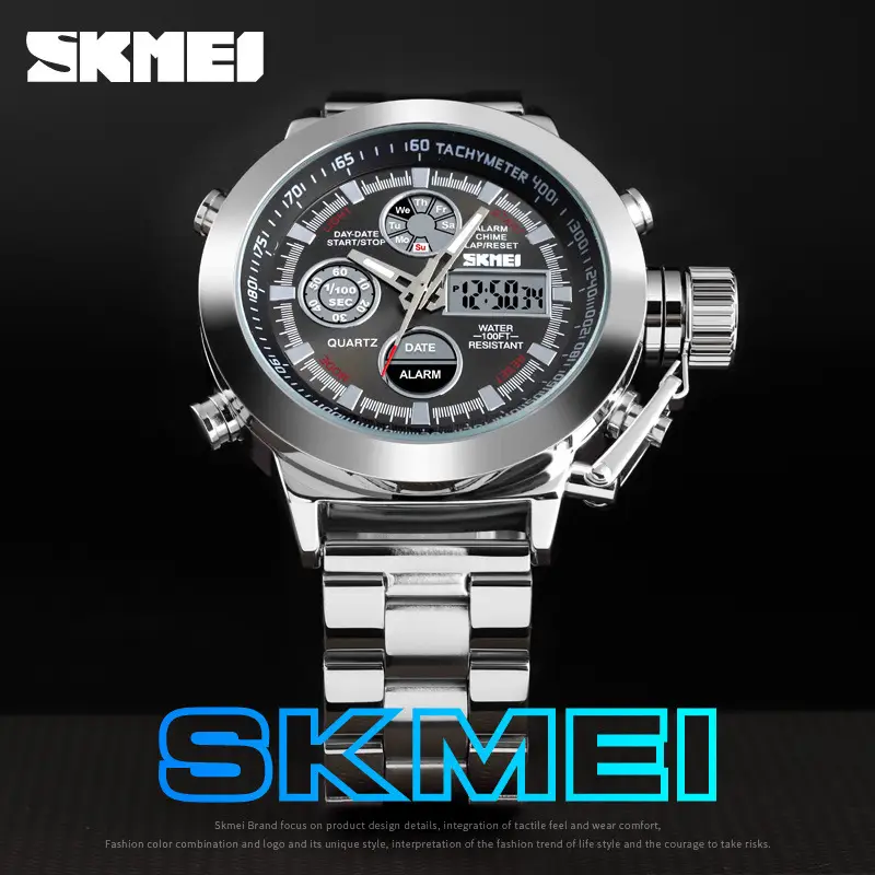 SKMEI Men's Stainless Steel Chronograph Watch with Dual Display