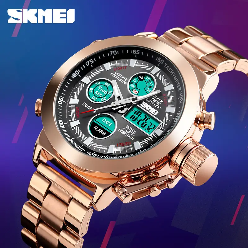 SKMEI Men's Stainless Steel Chronograph Watch with Dual Display