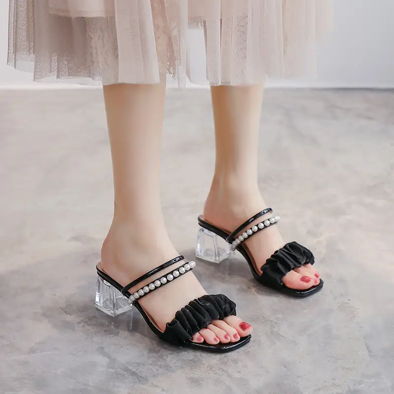 Women Pearl Heel Sandals Medium Black 2025 - Image 4