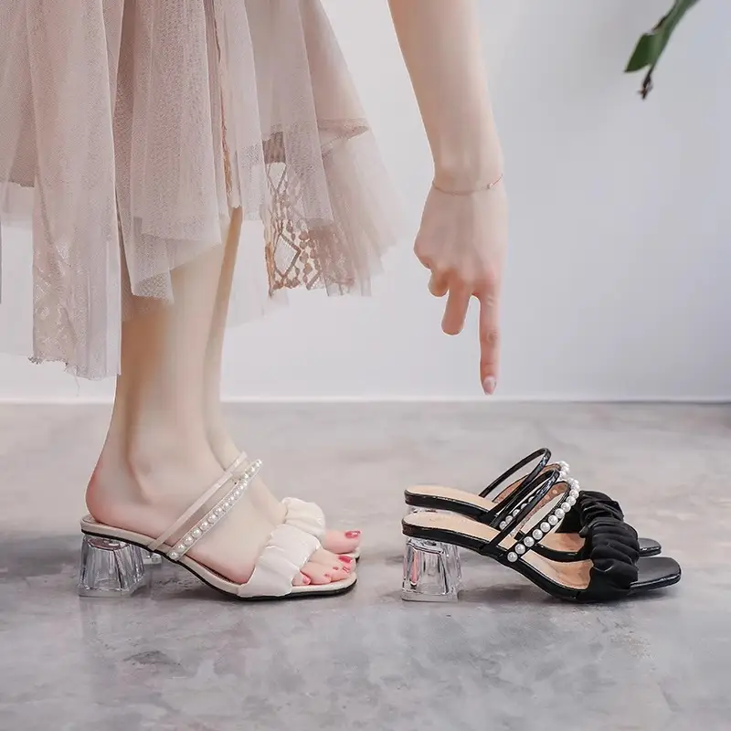 Women Pearl Heel Sandals Medium Black 2025 - Image 6