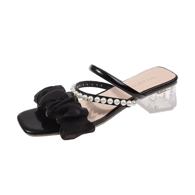 Women Pearl Heel Sandals Medium Black 2025 - Image 7