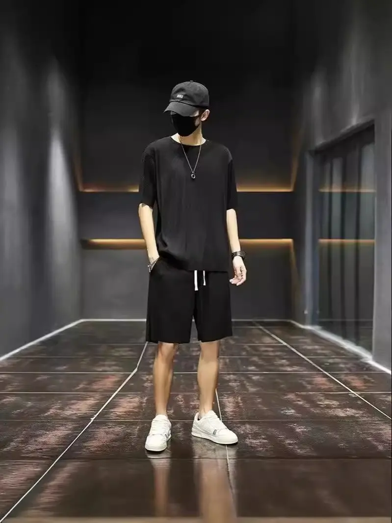Men Ice Silk Casual Shorts Suit Black Summer - Image 5
