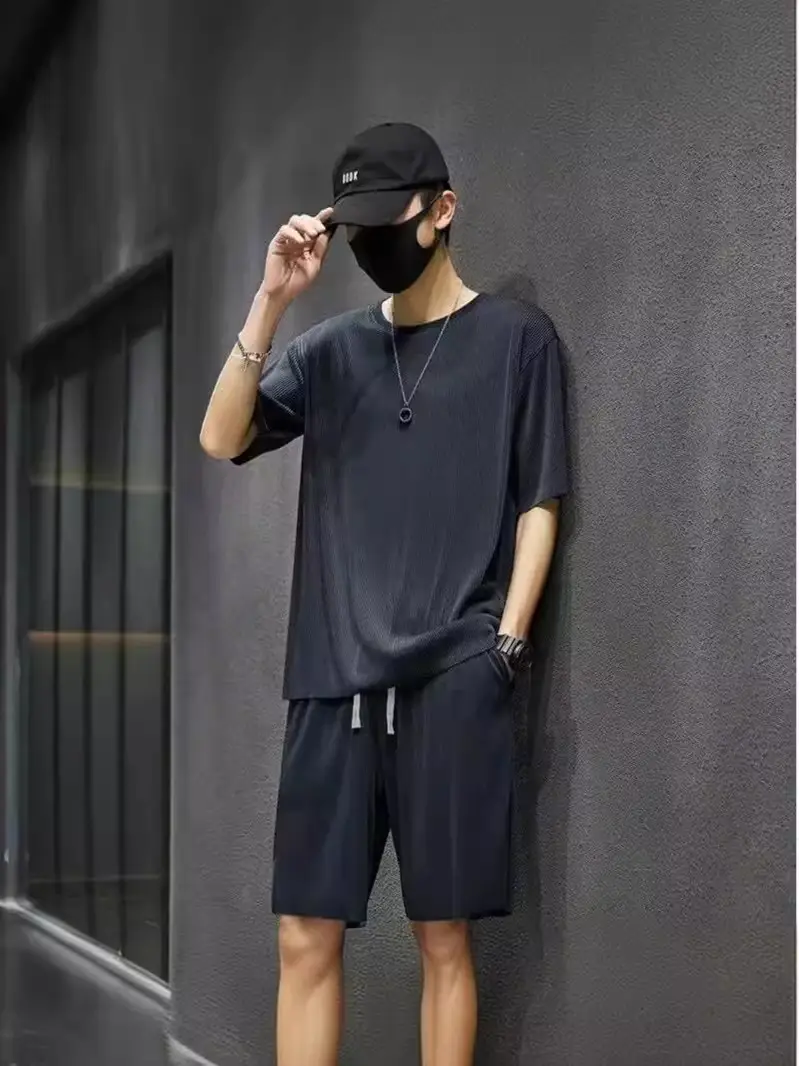 Men Ice Silk Casual Shorts Suit Black Summer - Image 6