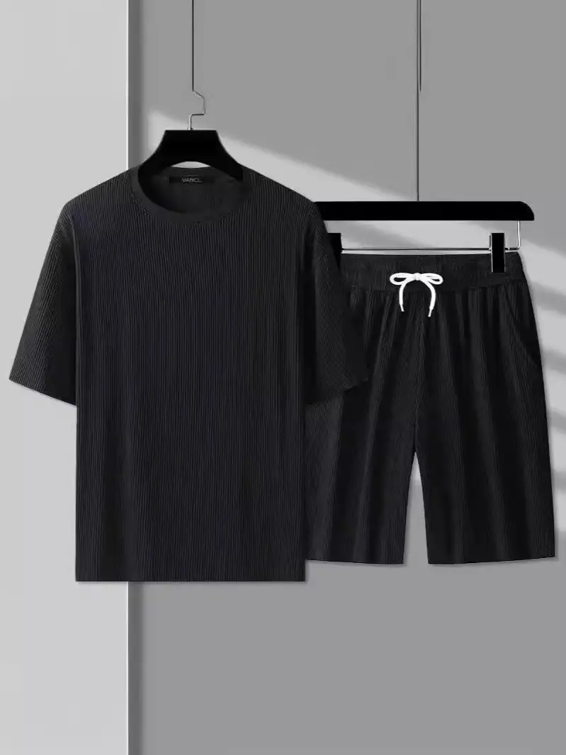 Men Ice Silk Casual Shorts Suit Black Summer - Image 8