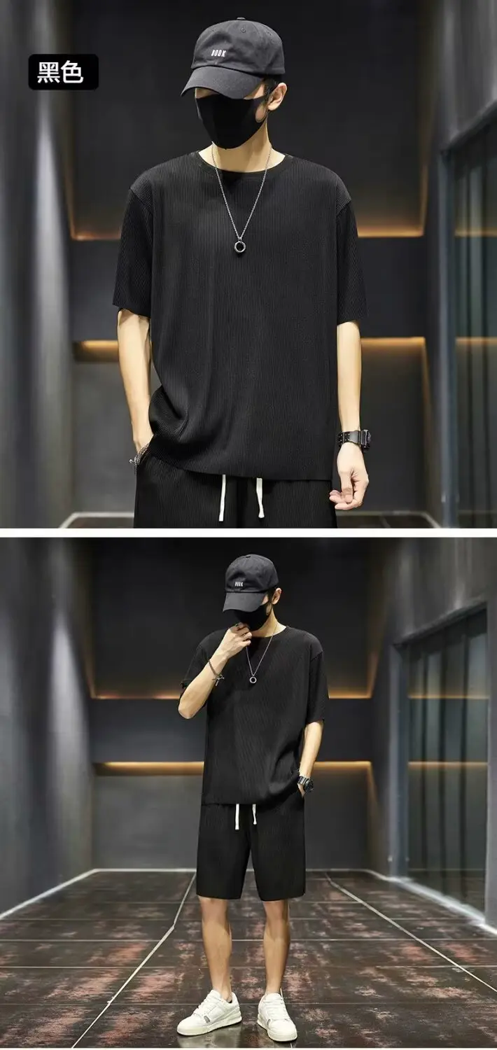 Men Ice Silk Casual Shorts Suit Black Summer — feature 14