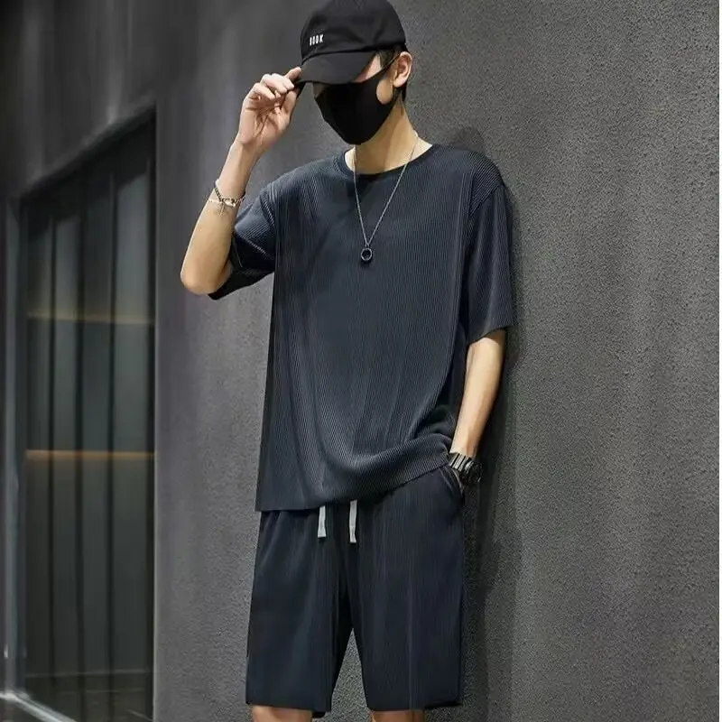 Men Ice Silk Casual Shorts Suit Black Summer - Image 3