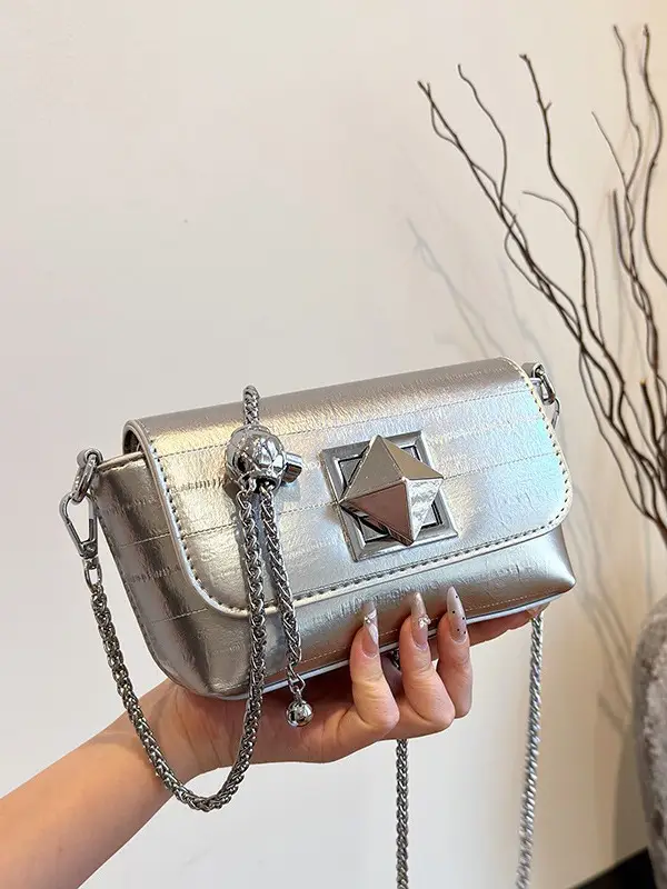 White Square Lock Chain Shoulder Bag for Women