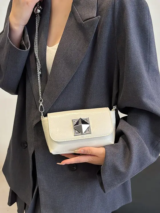 White Square Lock Chain Shoulder Bag for Women