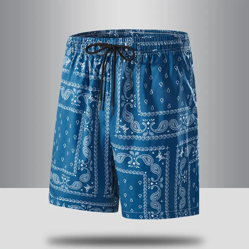 Men Blue Printed Cashew Flower Shorts Summer Casual Loose Fit