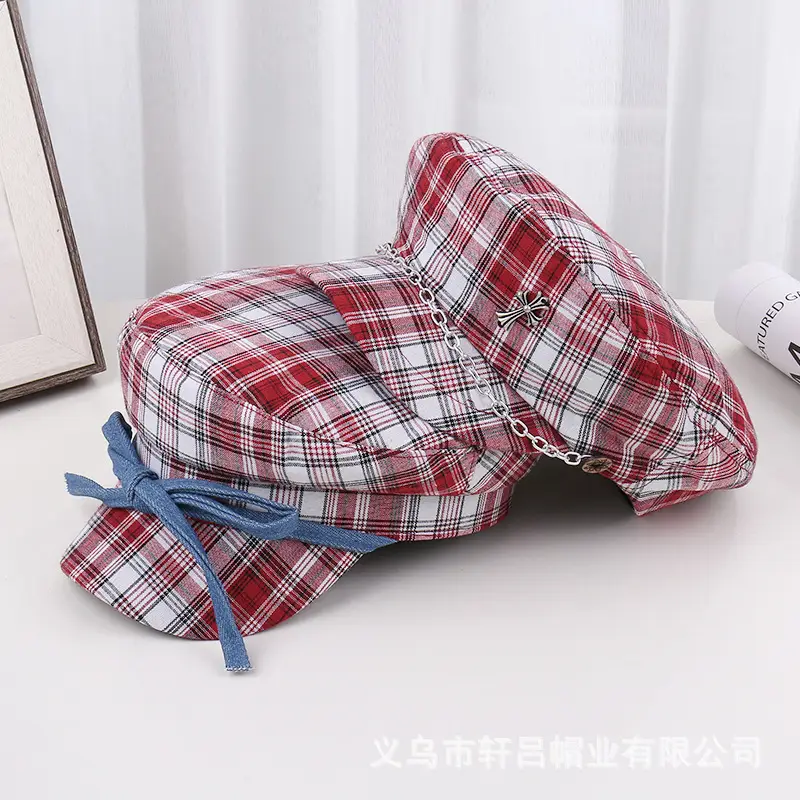 Men Red Plaid Bow Tie Sun Hat - Image 7