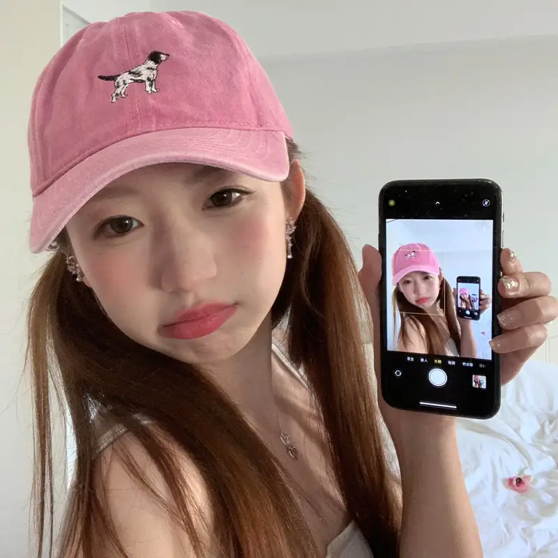 Korean Cute Puppy Embroidered Washed Pink Cap - Image 9