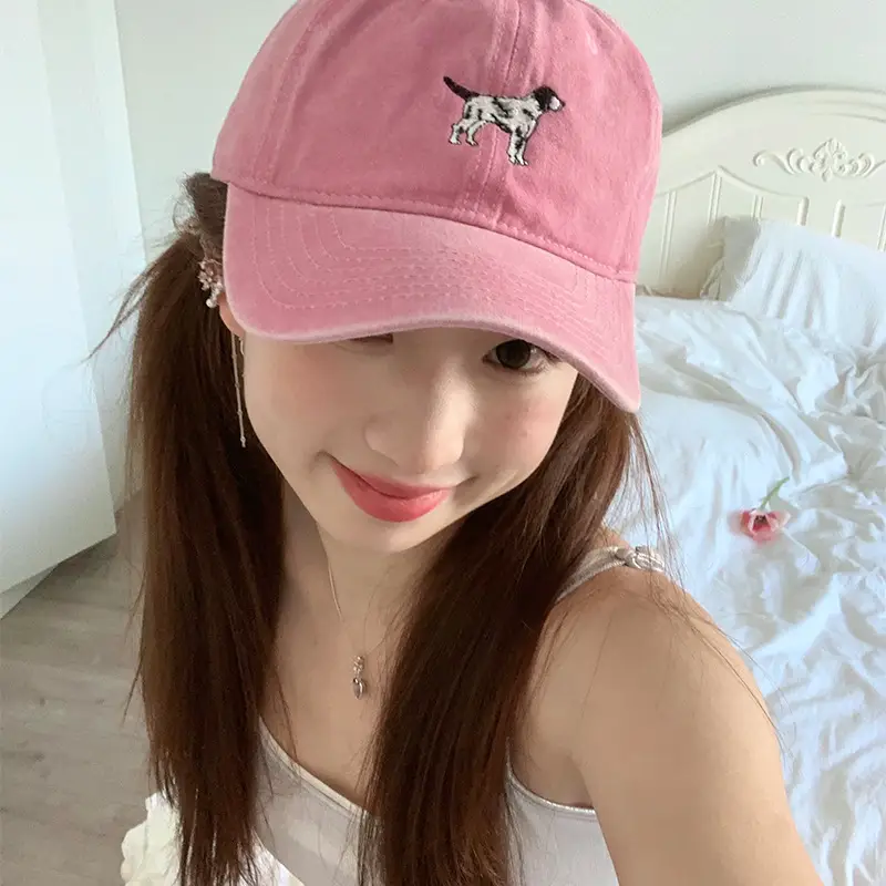Korean Cute Puppy Embroidered Washed Pink Cap - Image 10