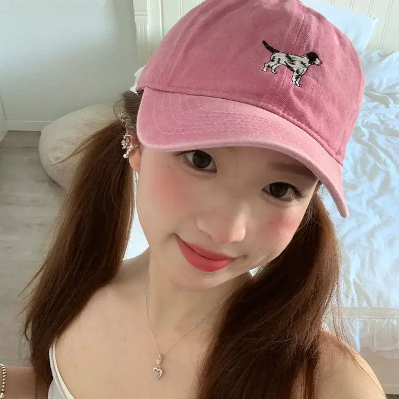 Korean Cute Puppy Embroidered Washed Pink Cap - Image 11