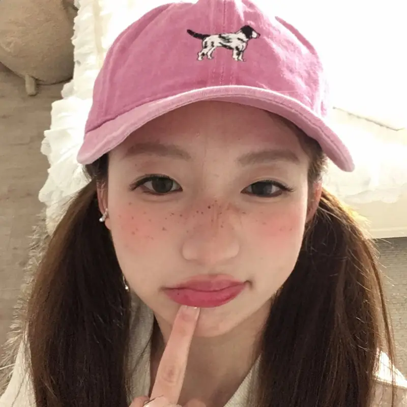Korean Cute Puppy Embroidered Washed Pink Cap - Image 12