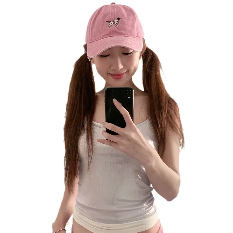 Korean Cute Puppy Embroidered Washed Pink Cap - Image 13