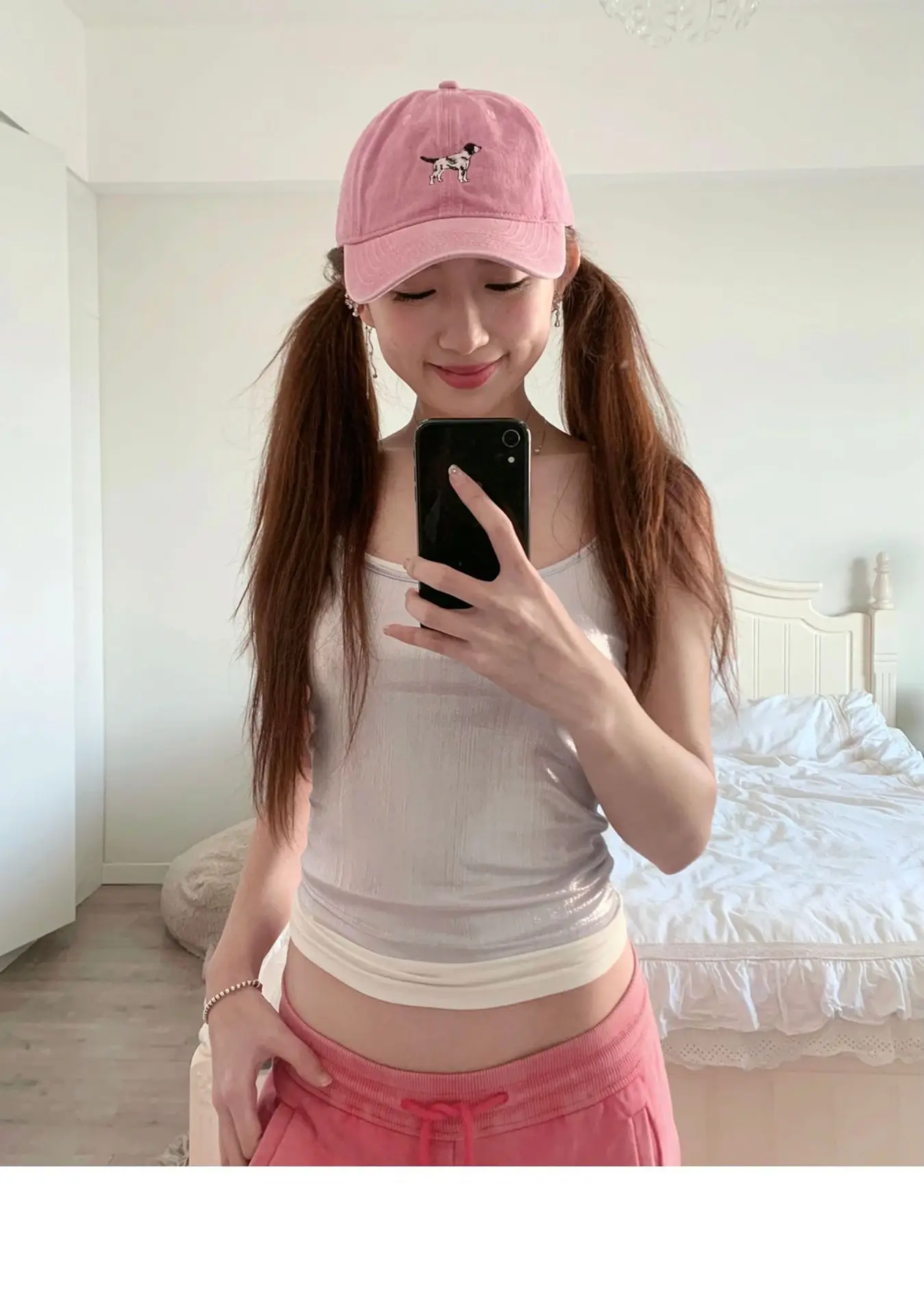 Korean Cute Puppy Embroidered Washed Pink Cap — feature 10