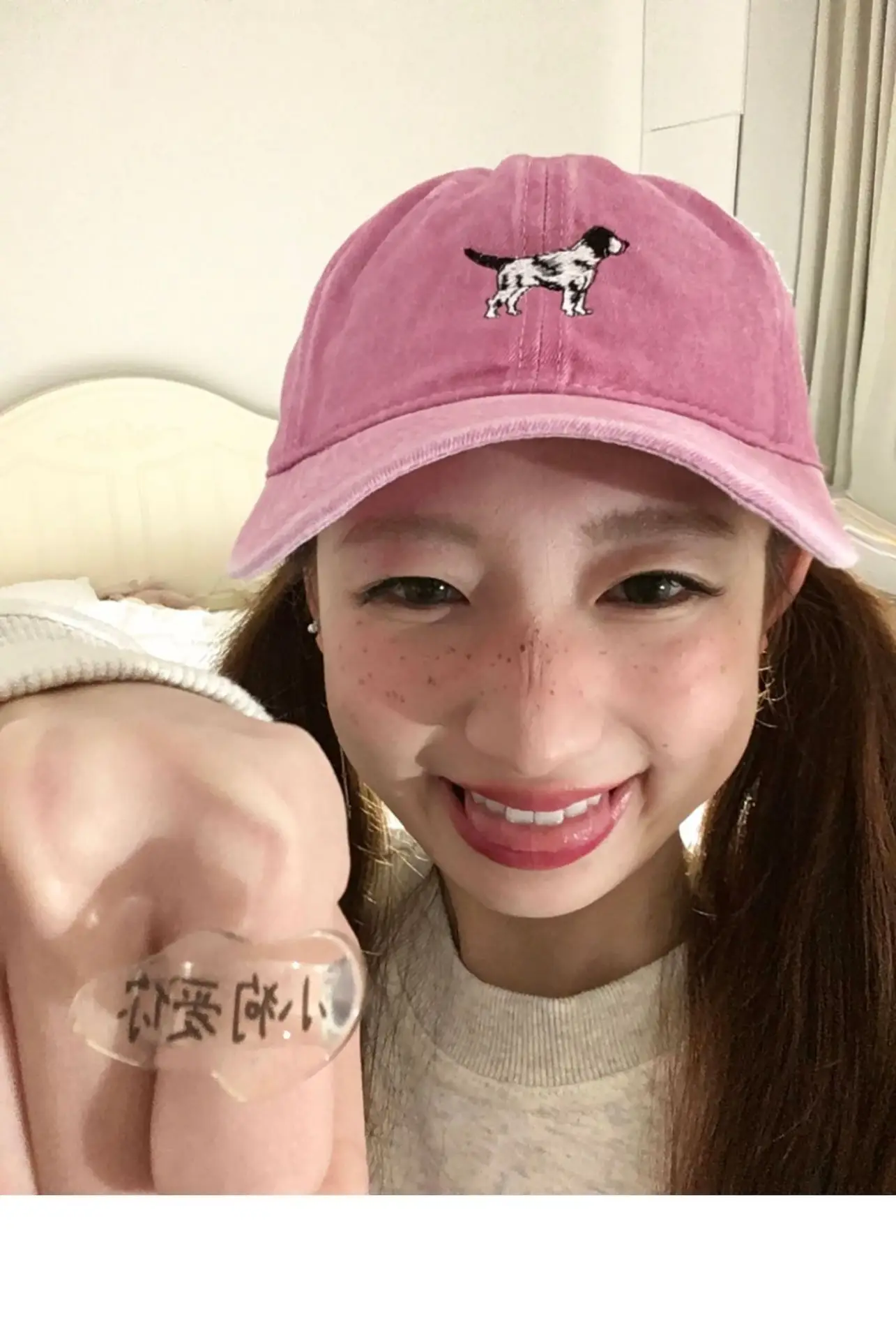 Korean Cute Puppy Embroidered Washed Pink Cap — feature 5