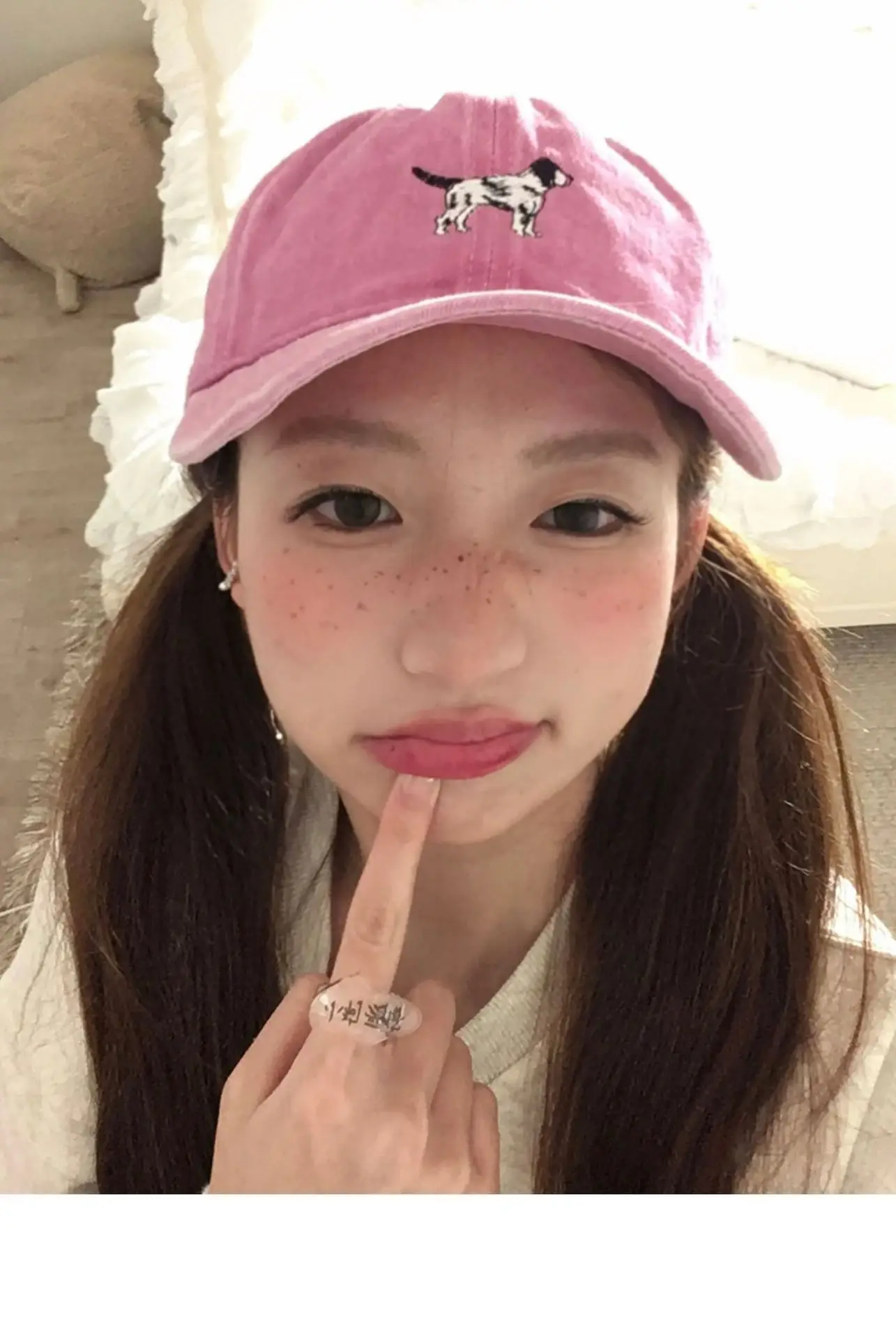 Korean Cute Puppy Embroidered Washed Pink Cap — feature 6