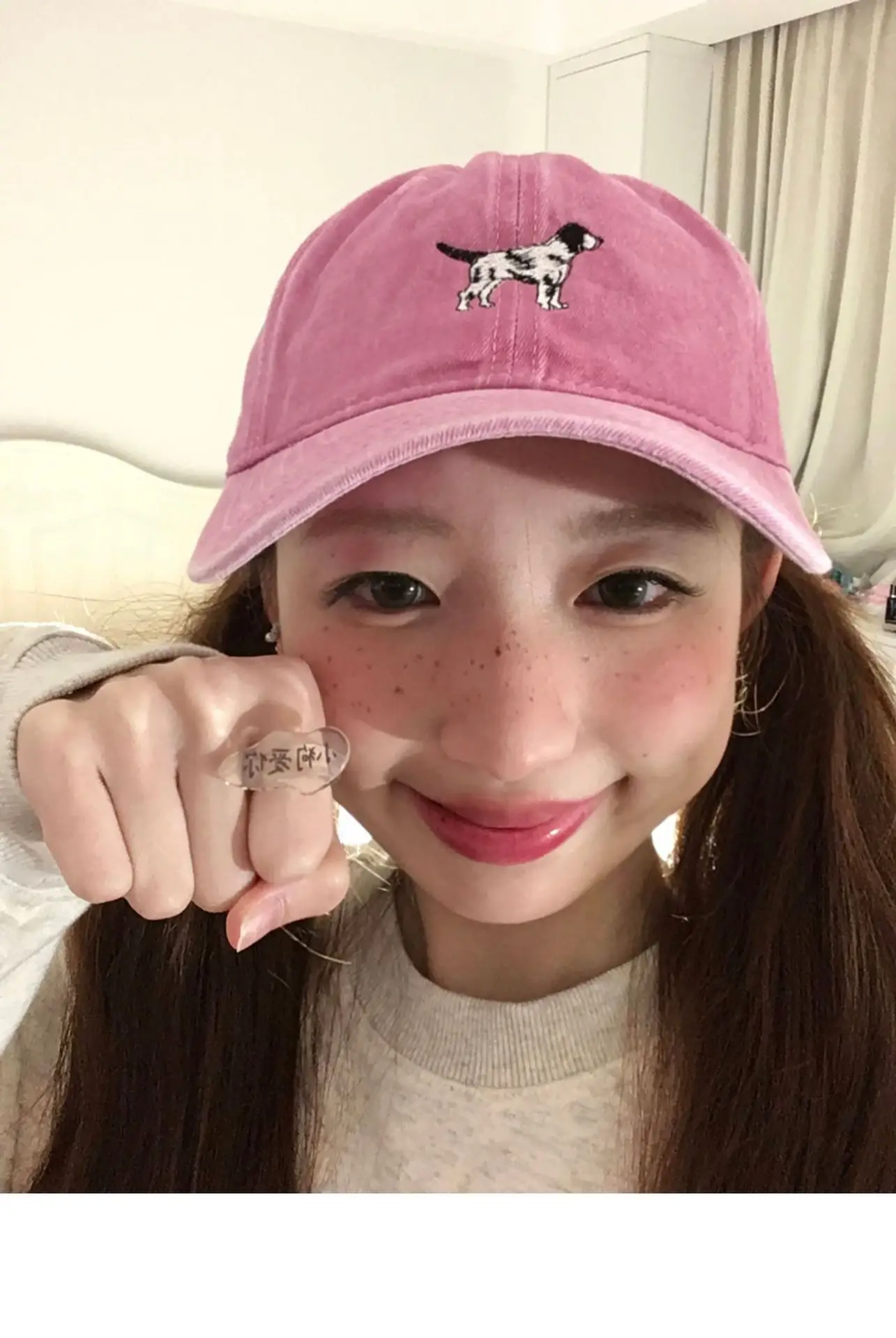 Korean Cute Puppy Embroidered Washed Pink Cap — feature 7