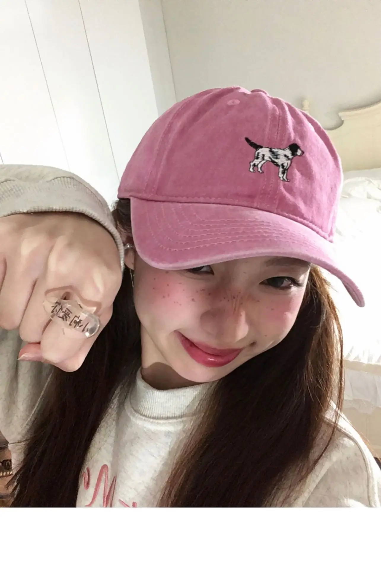 Korean Cute Puppy Embroidered Washed Pink Cap — feature 8