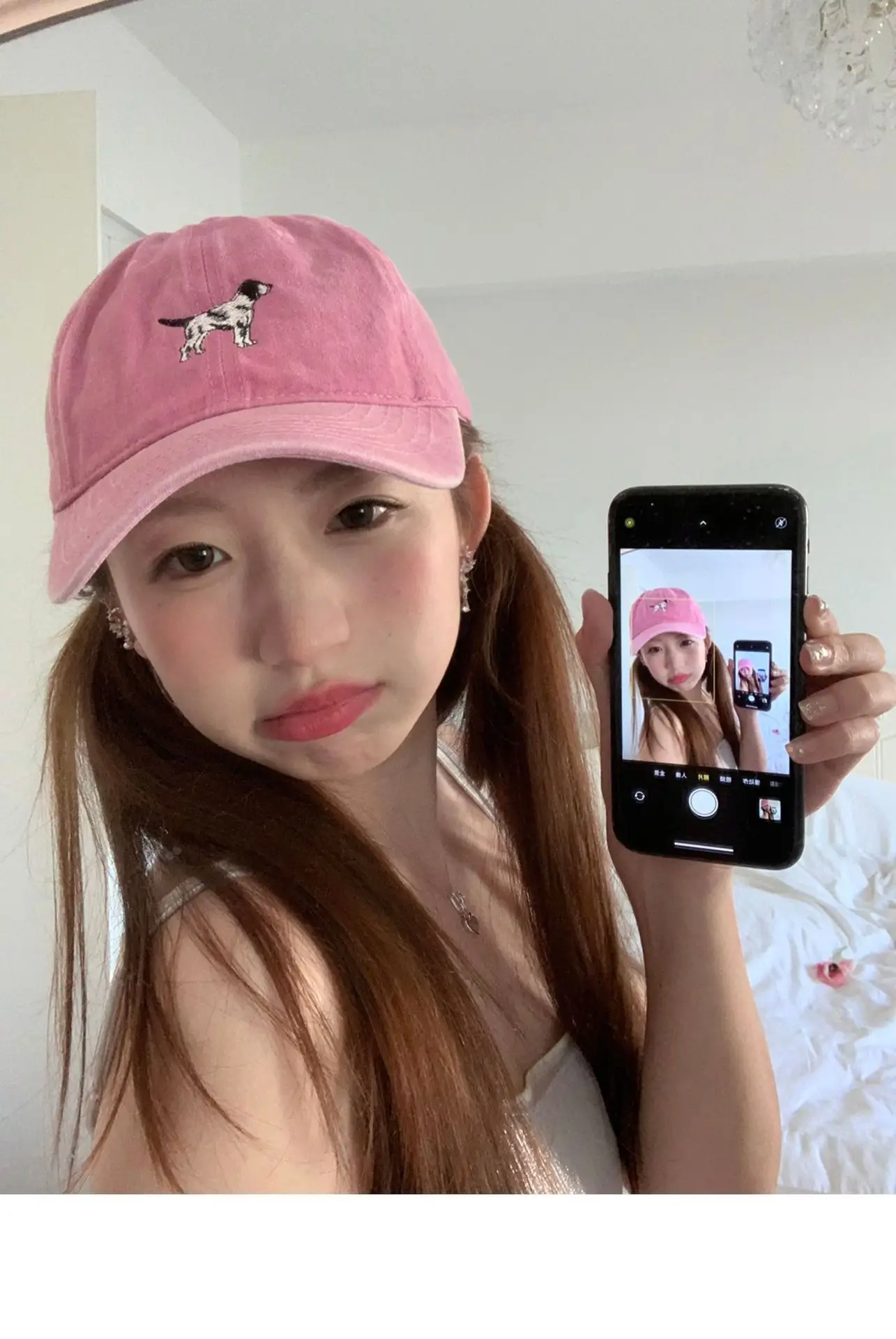 Korean Cute Puppy Embroidered Washed Pink Cap — feature 9