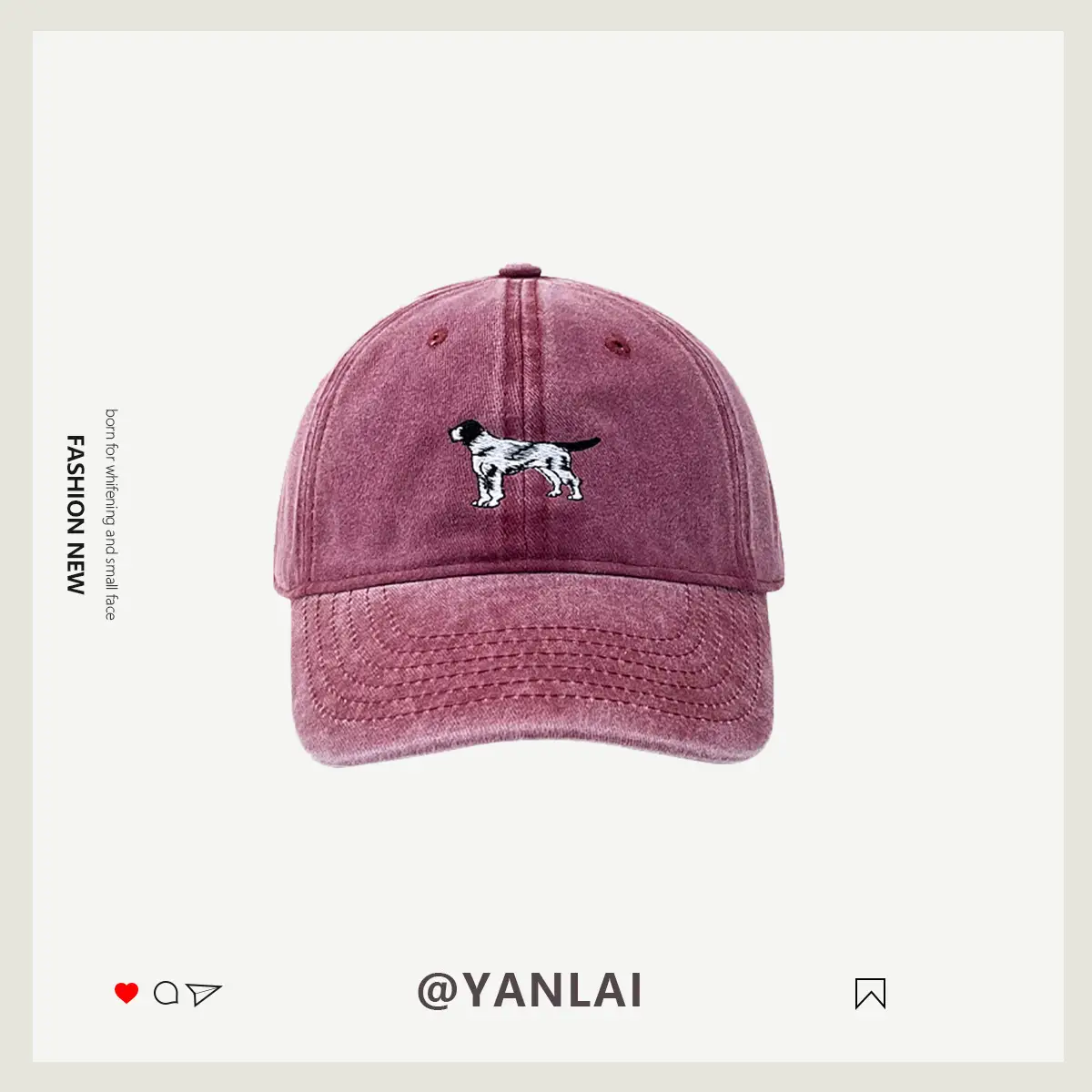 Korean Cute Puppy Embroidered Washed Pink Cap - Image 2