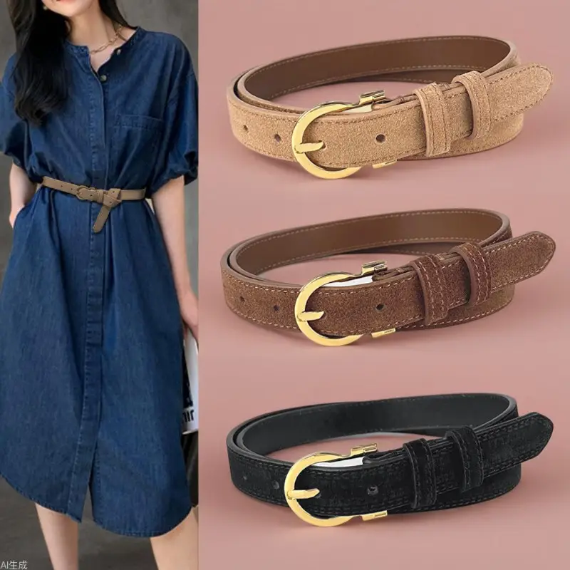 Frosted Leather Belt for Women Gold Buckle