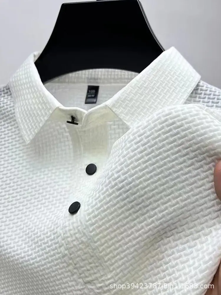 Men's Black Ice Silk Polo Shirt with Button Collar - Image 8