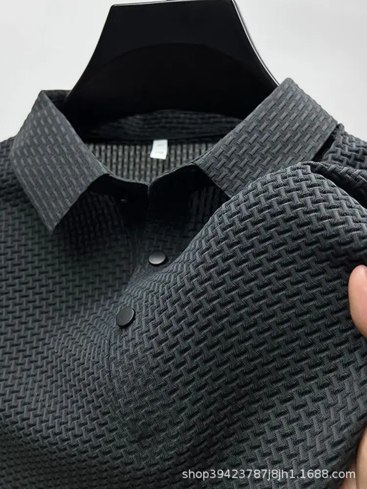 Men's Black Ice Silk Polo Shirt with Button Collar - Image 9