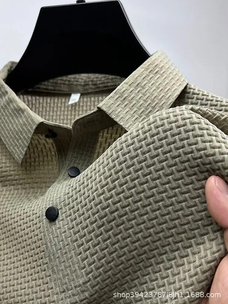 Men's Black Ice Silk Polo Shirt with Button Collar - Image 10