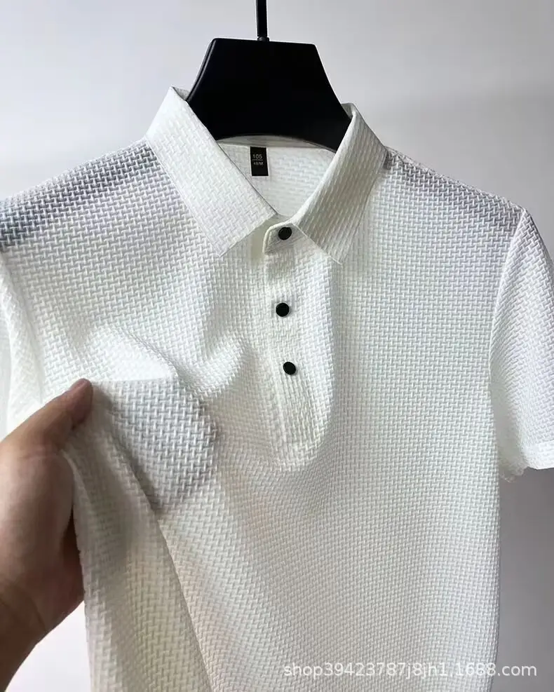 Men's Black Ice Silk Polo Shirt with Button Collar — feature 11