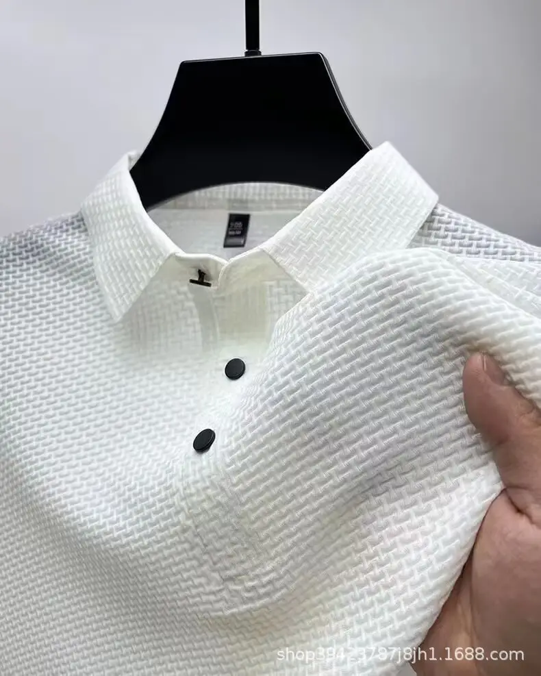 Men's Black Ice Silk Polo Shirt with Button Collar — feature 12