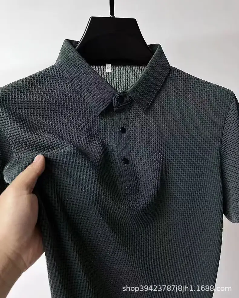 Men's Black Ice Silk Polo Shirt with Button Collar — feature 13