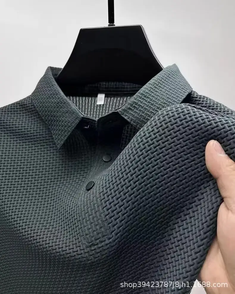 Men's Black Ice Silk Polo Shirt with Button Collar — feature 14