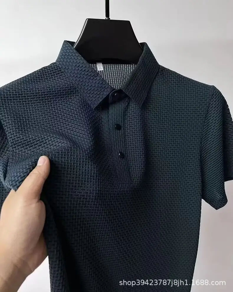 Men's Black Ice Silk Polo Shirt with Button Collar — feature 15