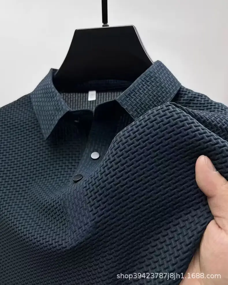 Men's Black Ice Silk Polo Shirt with Button Collar — feature 16