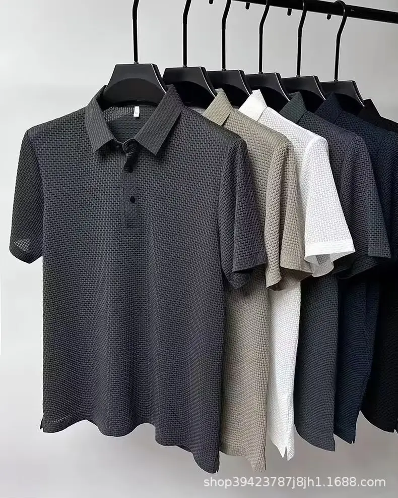 Men's Black Ice Silk Polo Shirt with Button Collar — feature 2