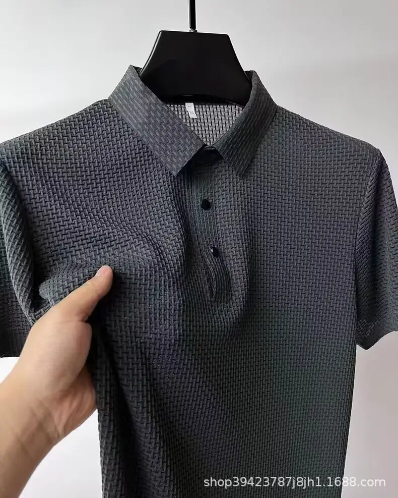 Men's Black Ice Silk Polo Shirt with Button Collar — feature 5