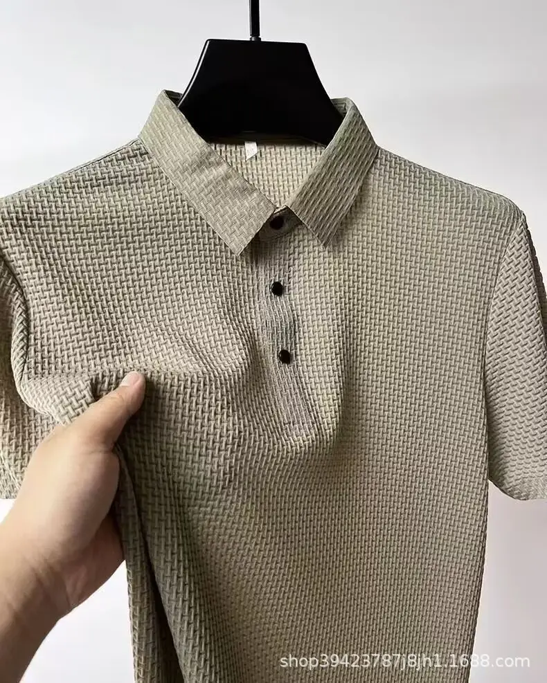 Men's Black Ice Silk Polo Shirt with Button Collar — feature 6
