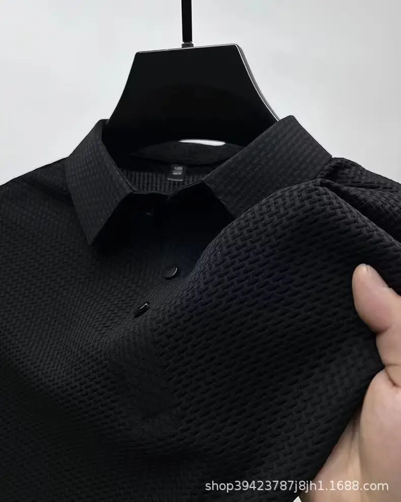 Men's Black Ice Silk Polo Shirt with Button Collar — feature 7