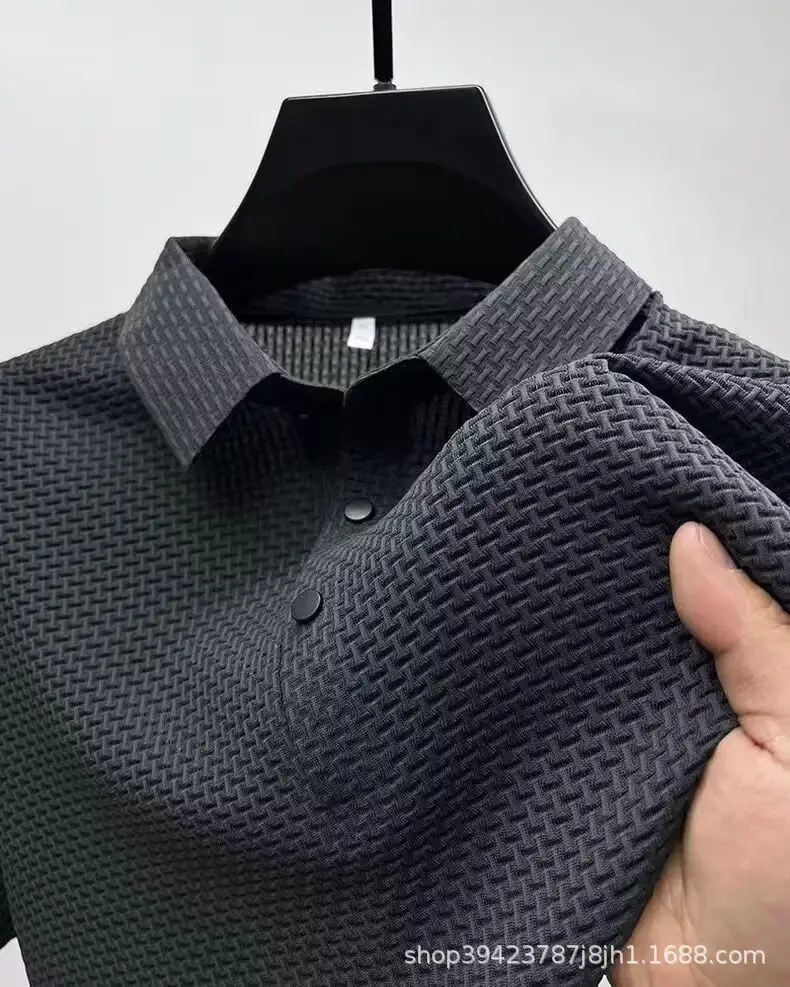 Men's Black Ice Silk Polo Shirt with Button Collar — feature 8