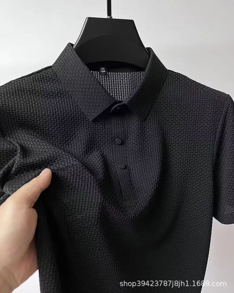 Men's Black Ice Silk Polo Shirt with Button Collar — feature 9