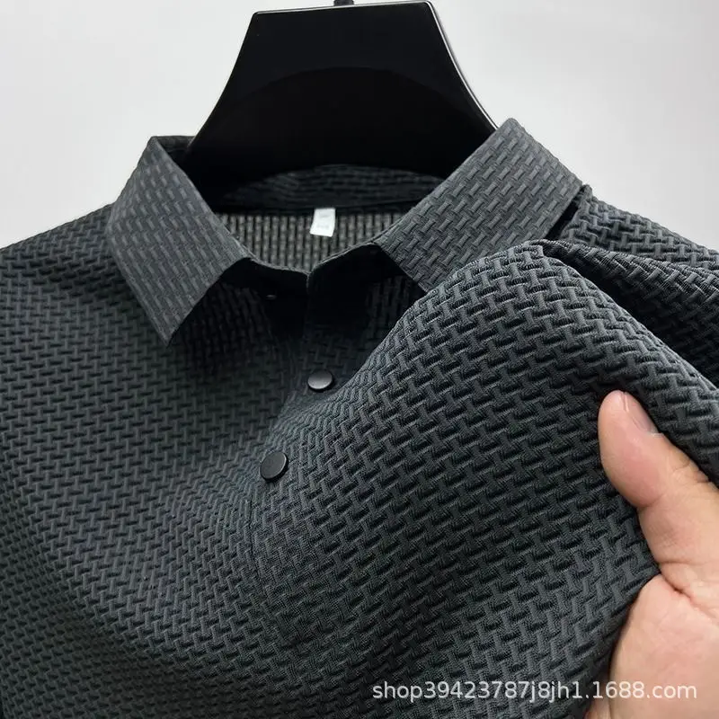 Men's Black Ice Silk Polo Shirt with Button Collar - Image 2