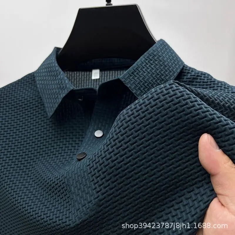 Men's Black Ice Silk Polo Shirt with Button Collar - Image 3