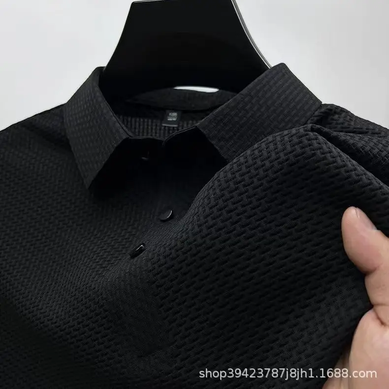 Men's Black Ice Silk Polo Shirt with Button Collar - Image 4