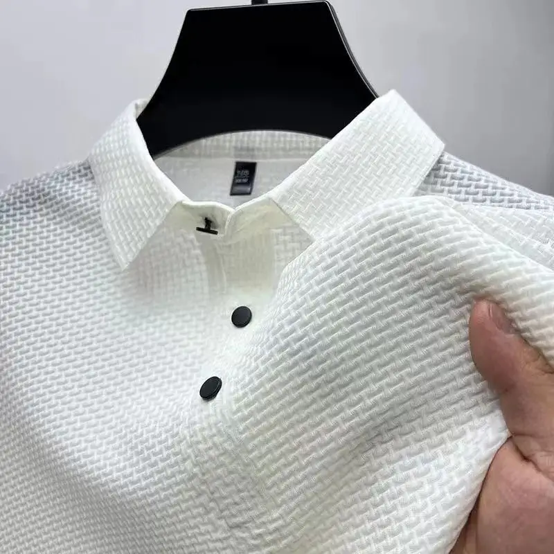 Men's Black Ice Silk Polo Shirt with Button Collar - Image 5