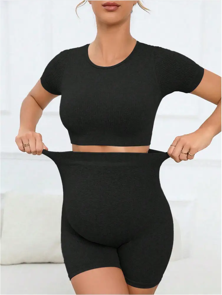 Maternity Sports Suit Peach Butt Shorts Short-Sleeved Seamless Knitted Breathable Quick-Drying Yoga Pants Maternity Yoga Clothes