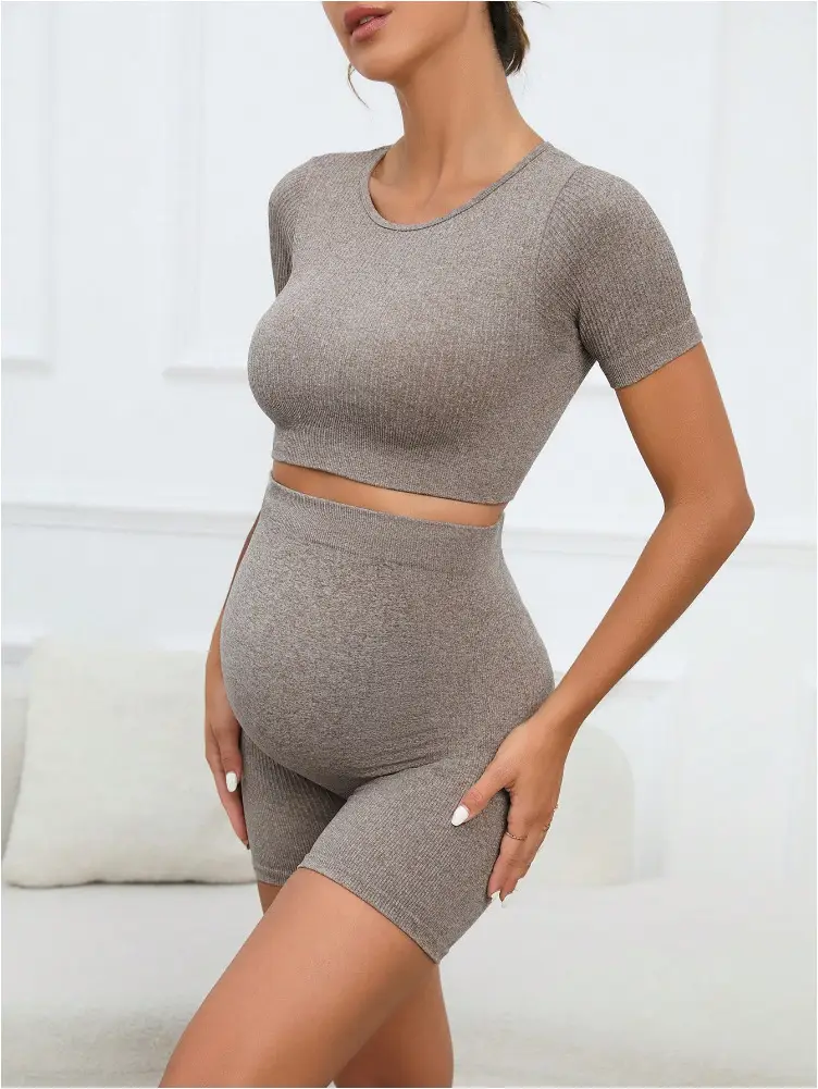 Maternity Sports Suit Peach Butt Shorts Short-Sleeved Seamless Knitted Breathable Quick-Drying Yoga Pants Maternity Yoga Clothes